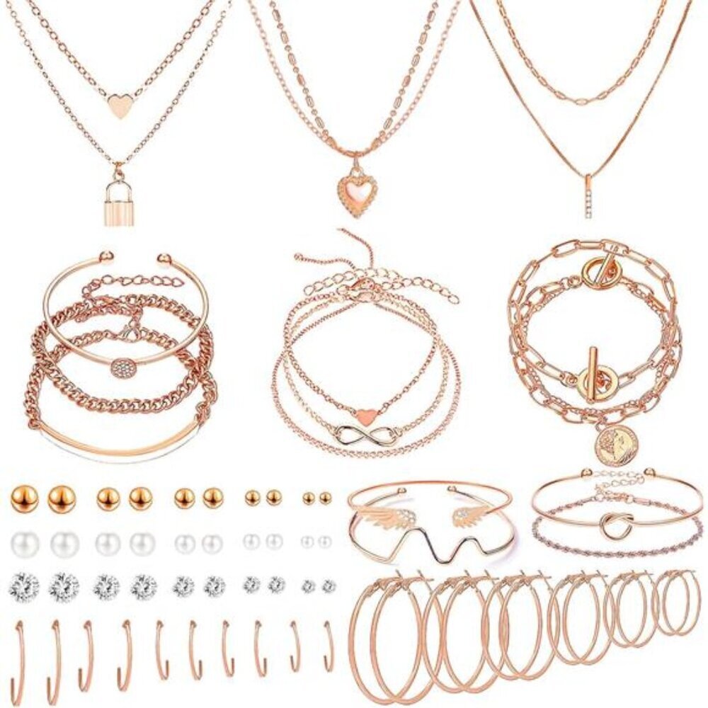 NEWITIN Gold Jewelry Set for Women Gold Plated Necklace Bracelet Ring Earrings